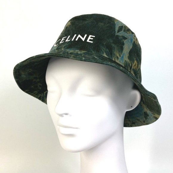 CELINE Corduroy tie-dye logo hat Bucket hat cotton Green - Picture 2 of 8